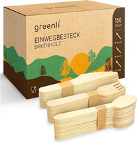greenli® Einwegbesteck Set - 150 Holzgabeln, Holzmesser und Holzlöffel
